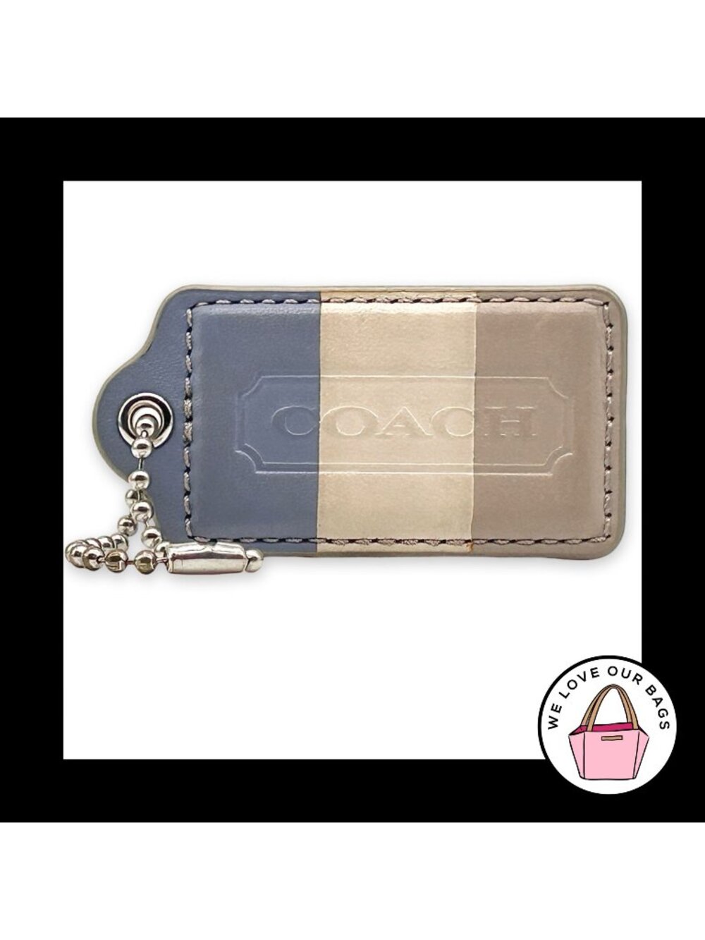 COACH HANG TAG 3" Blue Taupe Cream Stripe Leather Bag Charm Keychain Fob X-Large